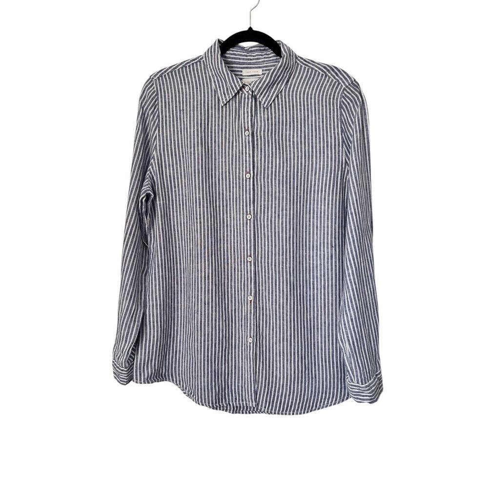 Sigrid Olsen Top M Linen Blue & White Striped Long Tab Sleeve Button Front Shirt
